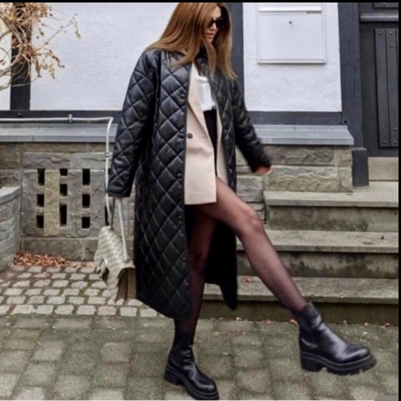 Zara Quilted Faux Leather water repellent longline black coat Sz.XS - Picture 2 of 16